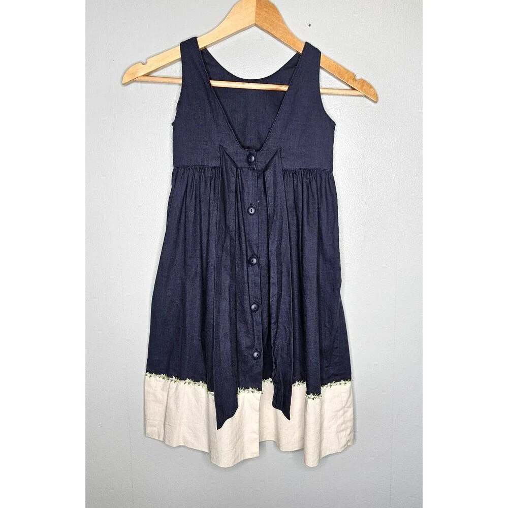 HARTSTRINGS Girls Dress Size 5 Linen Blend Blue Back Tie and Buttons Sleeveless